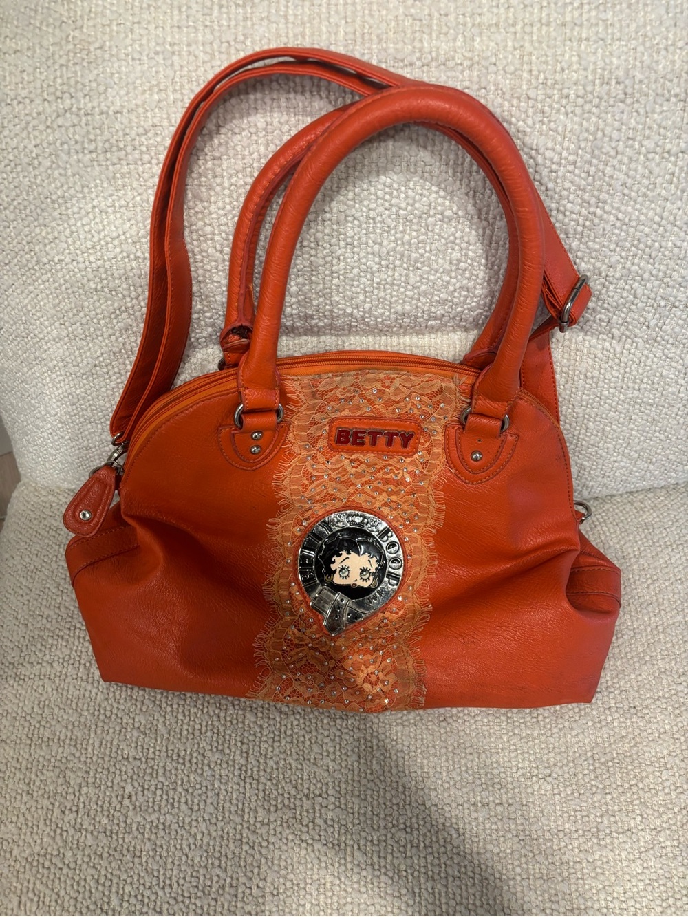 Betty Boop Orange Lace-Trim Shoulder Bag with Medallion